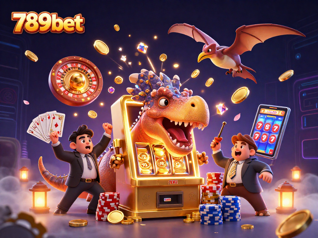 Catch big wins at 789bet as dinosaurs celebrate jackpots and flying coins in a vibrant casino.