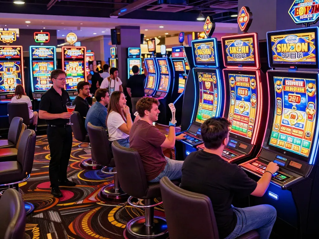 A diverse group engaging in exciting slot game experiences at a vibrant casino, illuminated by colorful lights.