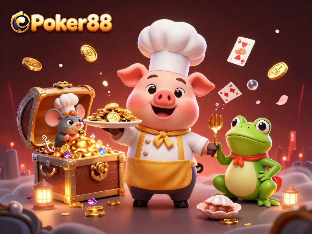 Experience thrilling games with Poker88 featuring vibrant illustrations of chefs and underwater treasures.