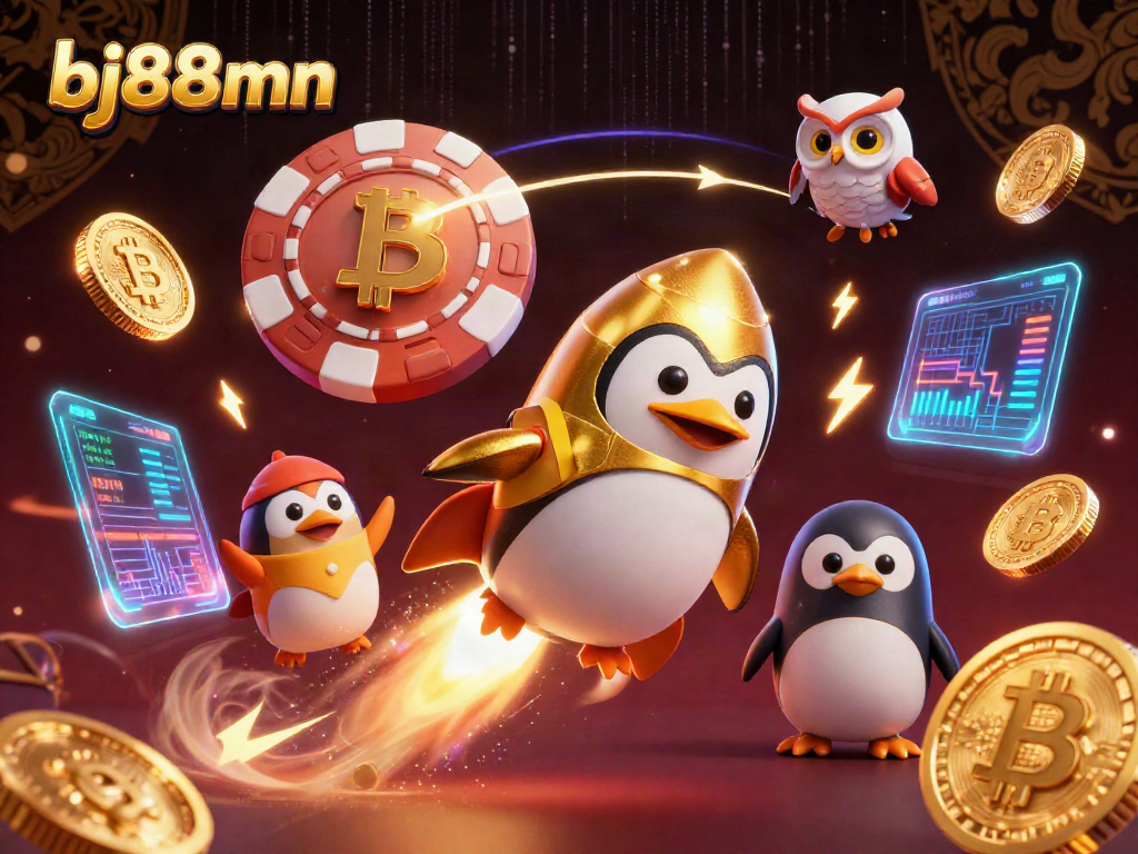 Experience the thrill of gaming with bj88mn as the golden penguin blasts off towards a vibrant casino!