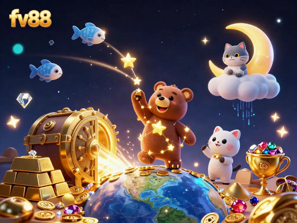 Experience the ultimate fun at fv88, where a golden constellation bear scoops up riches from Earth in a vibrant 3D casino world.