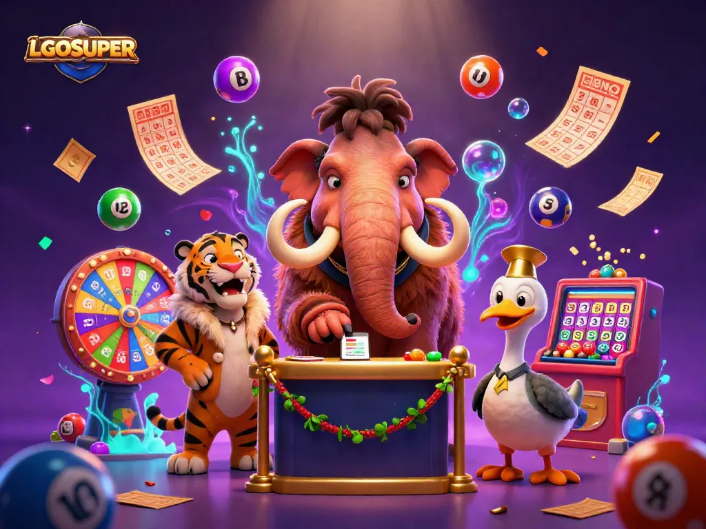 Engage with LGOSUPER as the woolly mammoth bouncer greets players at a vibrant casino entry.