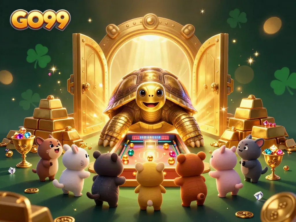 Experience exciting gaming at GO99 with a scene featuring a giant golden tortoise, vibrant treasures, and animated characters.