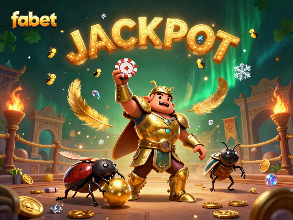 Celebrate big wins at fabet with a victorious beetle championing poker chips and glowing fireflies depicting JACKPOT.