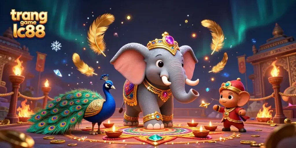 Engage with the vibrant trang game lc88 scene featuring an elephant amidst golden gambling elements.