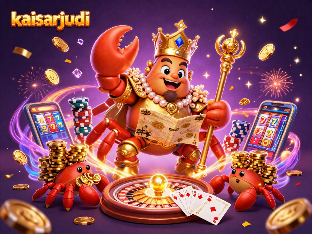 Experience the vibrant kaisarjudi scene featuring the golden crab emperor amidst casino elements and celebration.