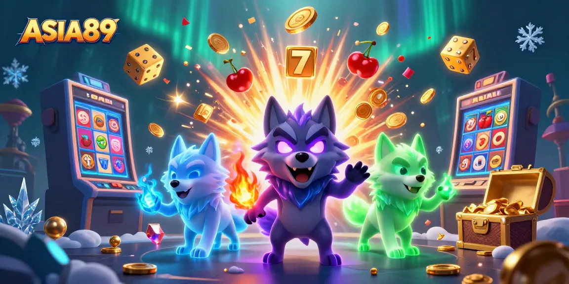 Experience ultimate gaming excitement with ASIA89's thrilling casino illustration featuring energetic wolf spirits and jackpot symbols.