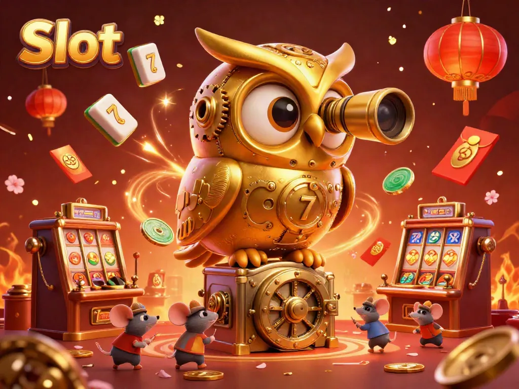 Engaging scene of a golden owl inspecting vibrant Slot machines with festive effects and mouse patrons.