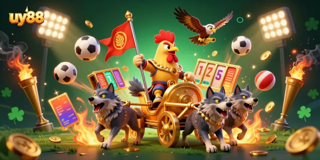 Experience intense sports betting action with uy88 in a vibrant 3D illustration featuring a rooster warlord and golden game elements.
