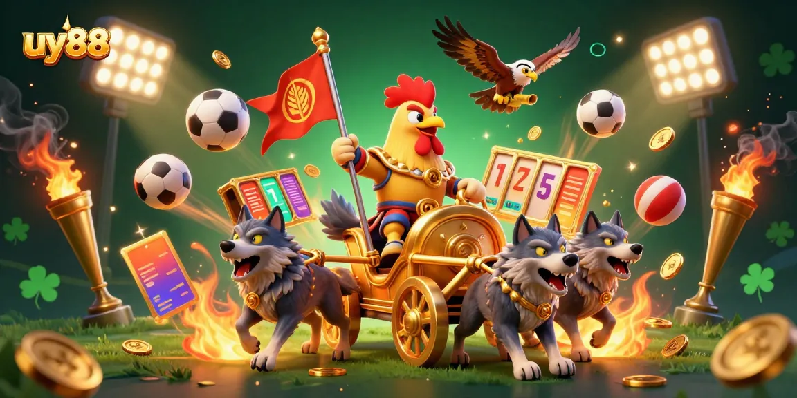Experience intense sports betting action with uy88 in a vibrant 3D illustration featuring a rooster warlord and golden game elements.