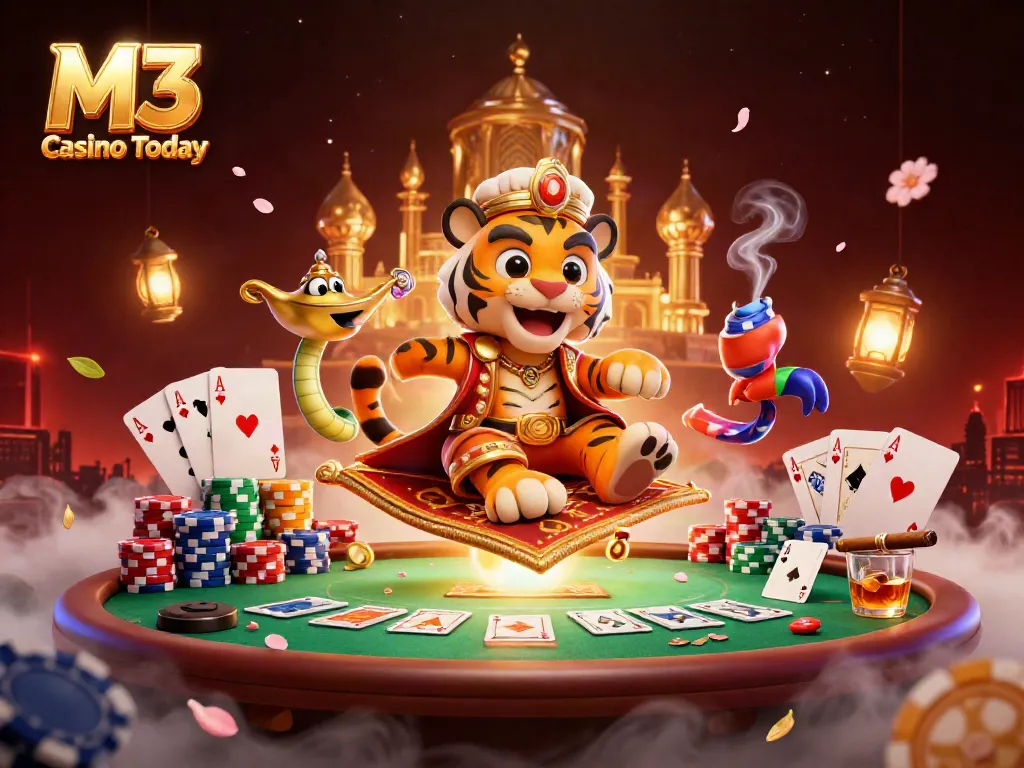 M3 Casino Today showcases a vibrant scene with an Arabian-themed tiger sultan, poker chips, and casino elements illustrating thrilling gaming.