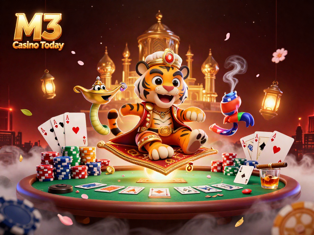 M3 Casino Today showcases a vibrant scene with an Arabian-themed tiger sultan, poker chips, and casino elements illustrating thrilling gaming.