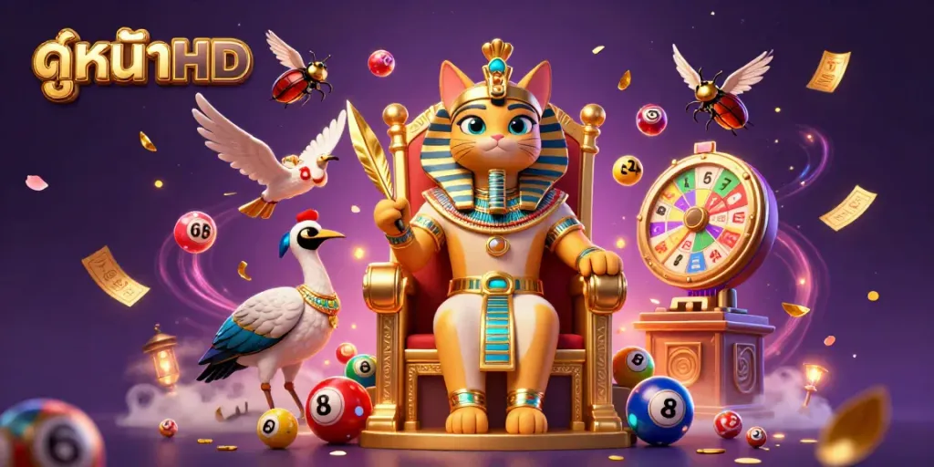 Engage with ดูหนังHD featuring a pharaoh cat and ibis surrounded by dynamic lottery elements.
