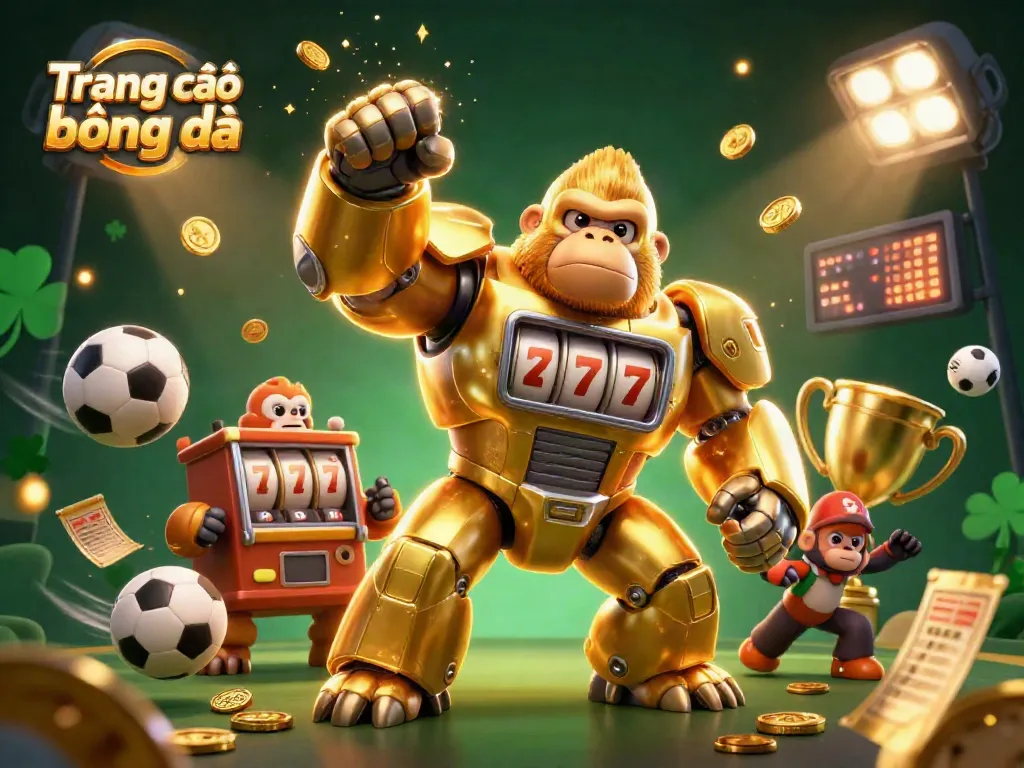 Engage in Trang cá độ bóng đá with this vibrant sports betting illustration showcasing a dynamic golden gorilla mech.