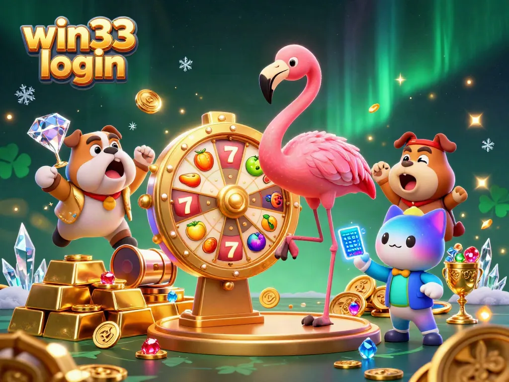 Spin the win33 login prize wheel with vibrant casino elements and gleaming gems.