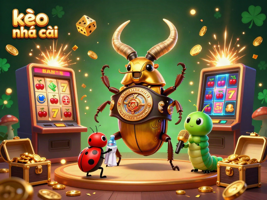 Engage with kèo nhà cái as a golden stag beetle champion faces off in a vibrant casino scene.