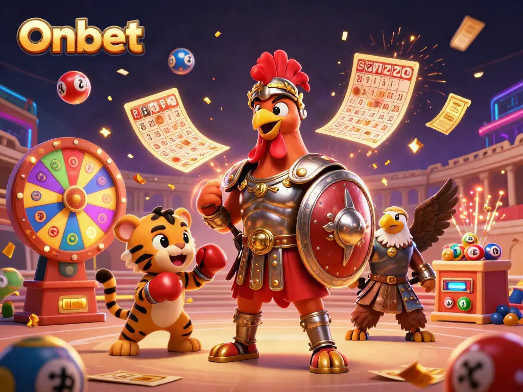 Engage in Onbet's vibrant gaming scene with a rooster gladiator, colorful lottery elements, and festive atmosphere.