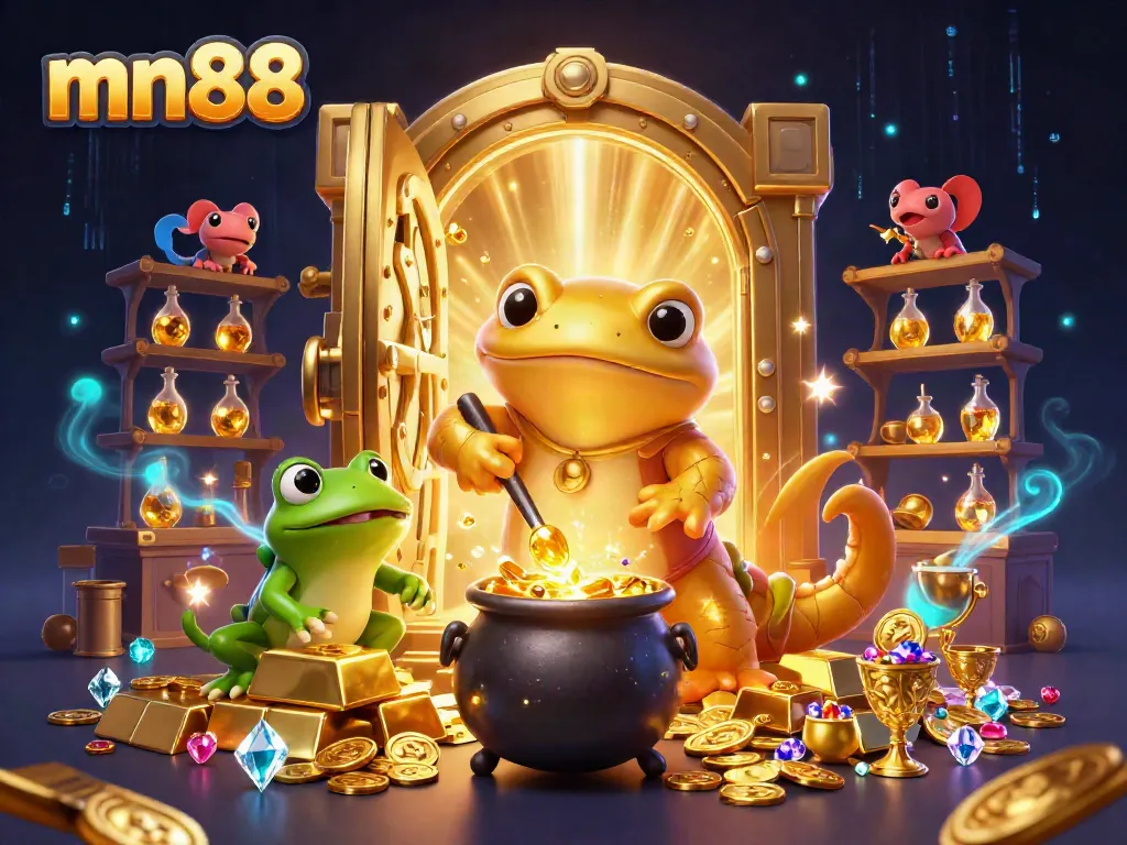 Experience the thrill of mn88 as magical characters transform metals into gold coins amidst a vibrant casino backdrop.