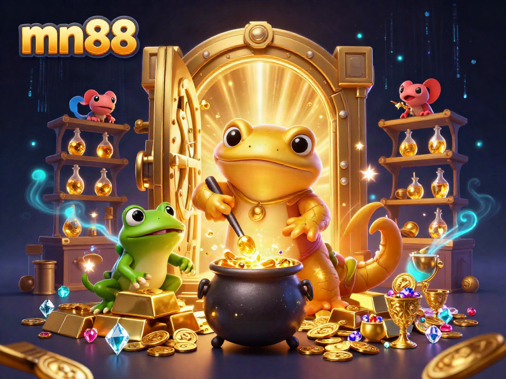Experience the thrill of mn88 as magical characters transform metals into gold coins amidst a vibrant casino backdrop.