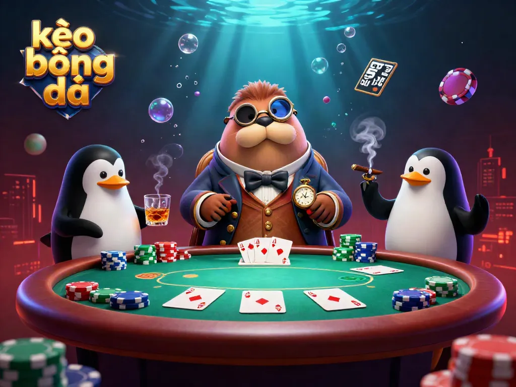 Engage in thrilling kèo bóng đá action with a jolly walrus and his poker mates in a vibrant underwater setting.