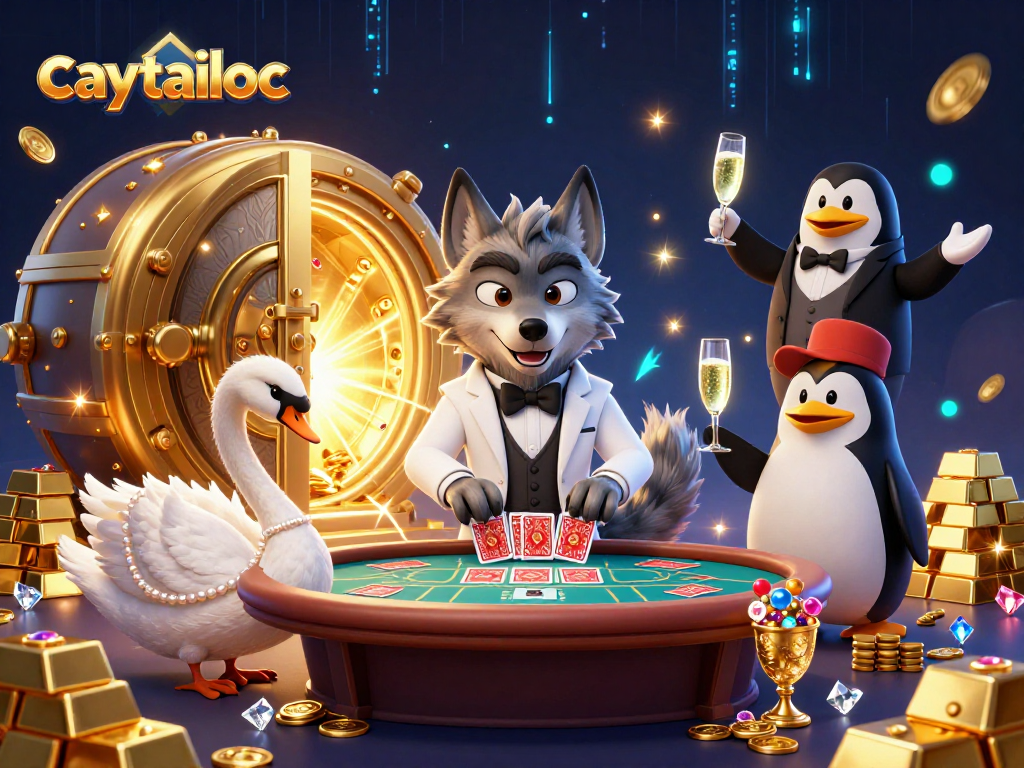 Caytailoc elevates your jackpot gaming with a luxurious scene, showcasing a debonair wolf, elegant swan, and penguin sommelier.