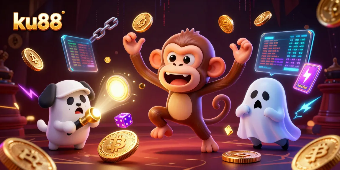 ku88 showcases a lively casino scene with a playful poltergeist monkey juggling golden coins and chips while a ghost-hunter puppy investigates.