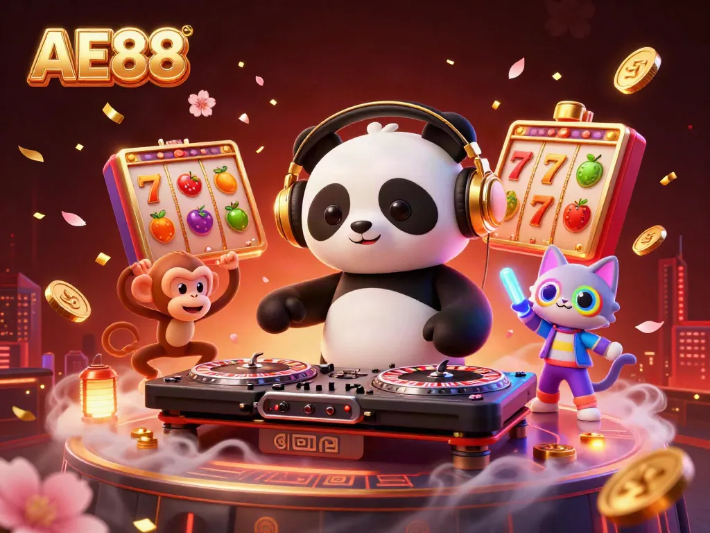 Engaging AE88 casino illustration featuring a DJ panda, breakdancing monkey, and a glow-stick kitten surrounded by slot reels and vibrant gaming elements.