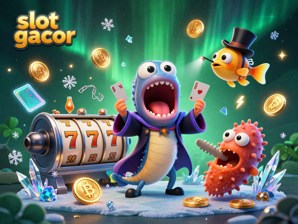 Engage in slot gacor action with a vibrant underwater casino scene featuring card tricks and magical elements.