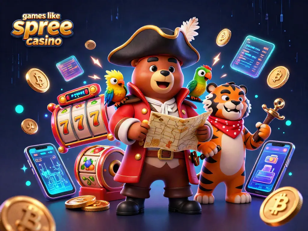 Play exciting games like Spree Casino with this vibrant 3D illustration of unique characters and thrilling action.
