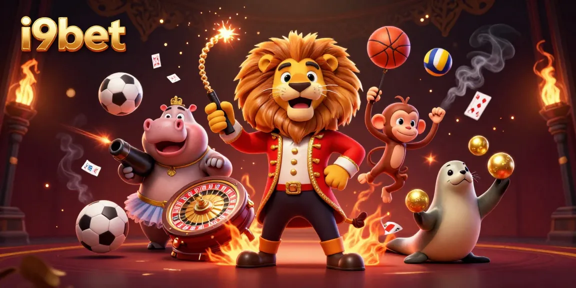 Experience i9bet's thrilling games through an energetic 3D illustration of circus characters, emphasizing action and entertainment.