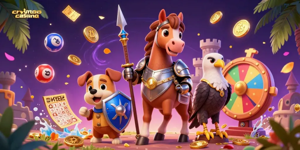 A vibrant scene depicting a crypto casino with medieval characters engaging with Bitcoin elements and RPG-style gaming icons.