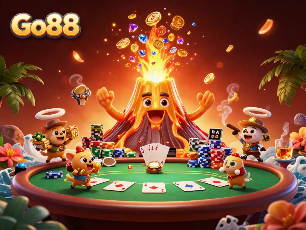 Go88 showcases a thrilling 3D casino scene with a golden volcano erupting treasure and poker elements.