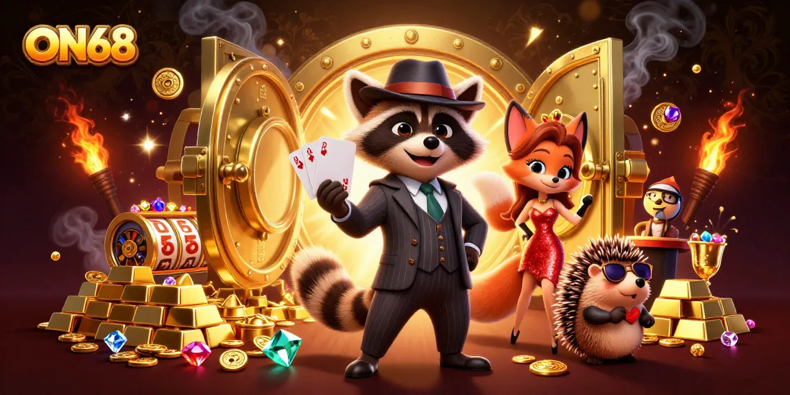 Join the thrilling action at ON68 with a suave raccoon, elegant fox, and a hedge-bouncer amidst slots and treasures.