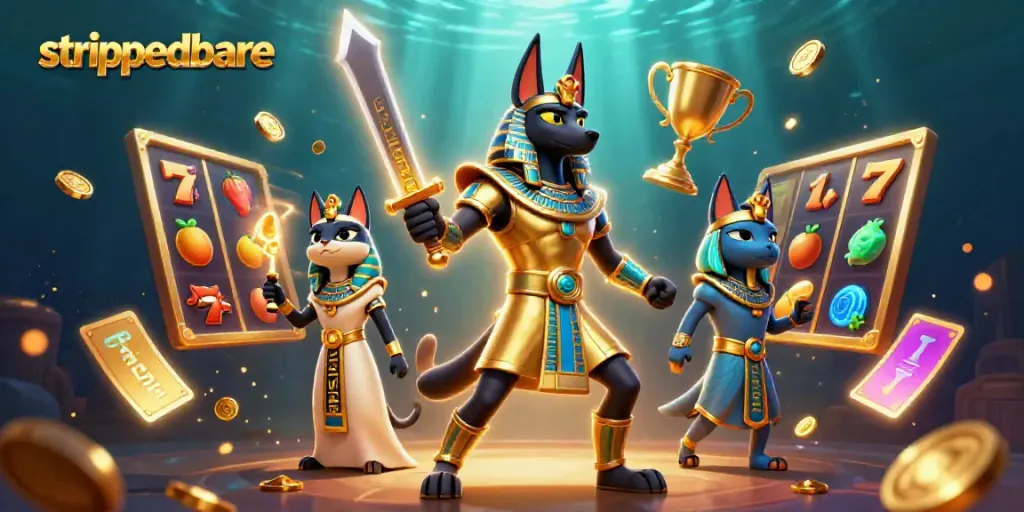 Gambarkan permainan slot di strippedbare dengan karakter Anubis dan Bastet di kasino yang penuh warna.