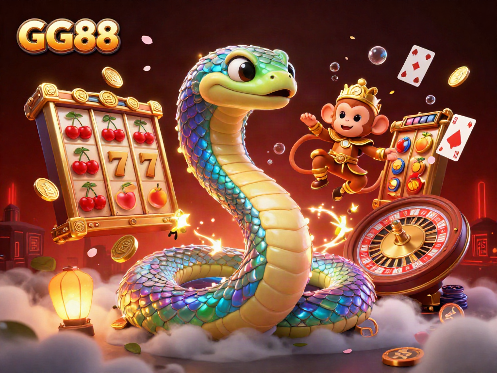 Engage with GG88 in this vibrant 3D casino scene filled with slot machines and colorful game elements.