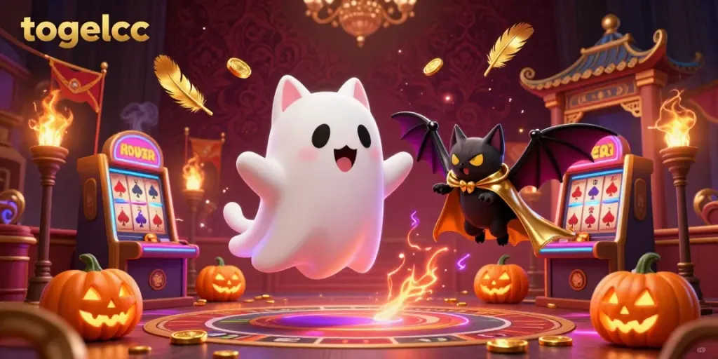 Engage with togelcc adventures in an animated ghost cat and vampire bat casino scene filled with dynamic gaming elements.