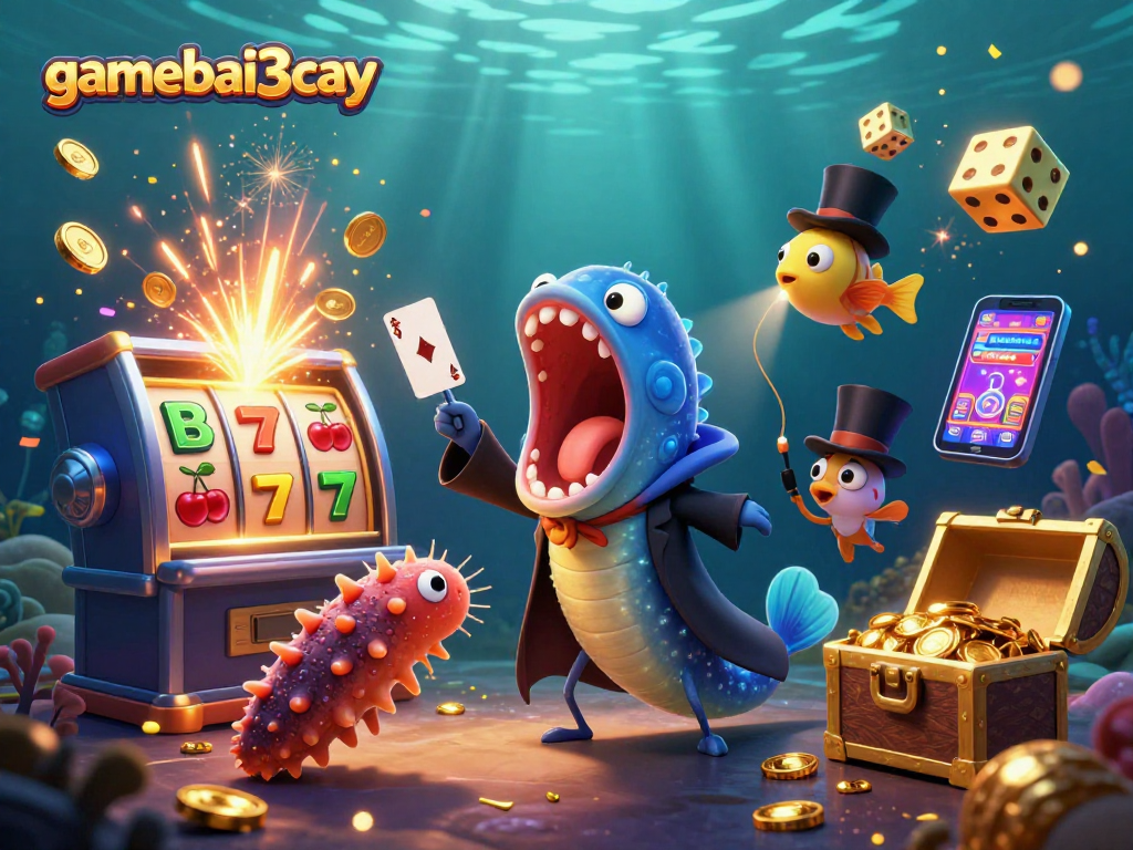 Engage in thrilling gameplay with gamebai3cay's vibrant underwater casino illustration showcasing card tricks and jackpots.