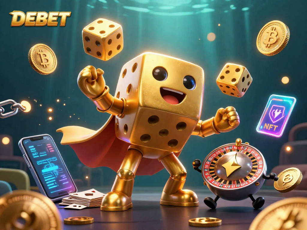 Engage in thrilling DEBET action with animated golden dice, fantastical characters, and crypto elements.