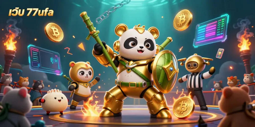 Engage with เว็บ 77ufa in a vibrant 3D casino scene featuring a golden panda pilot with futuristic elements.