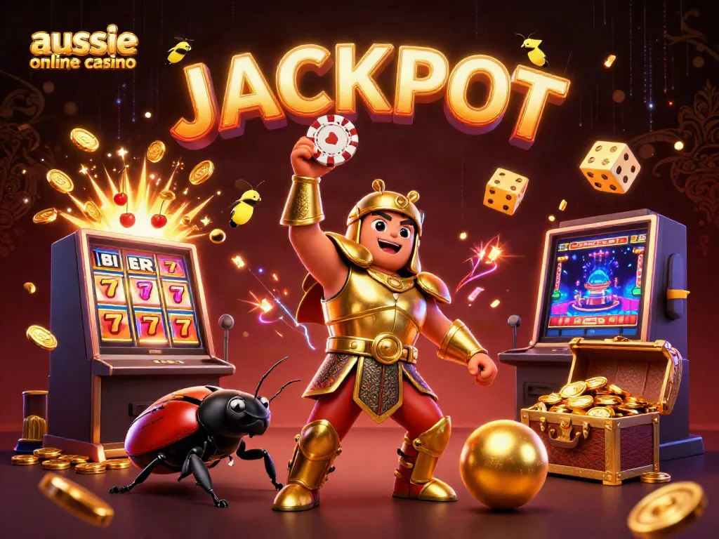 Aussie online casino theme featuring a hercules beetle lifting a poker chip with treasure and casino elements.