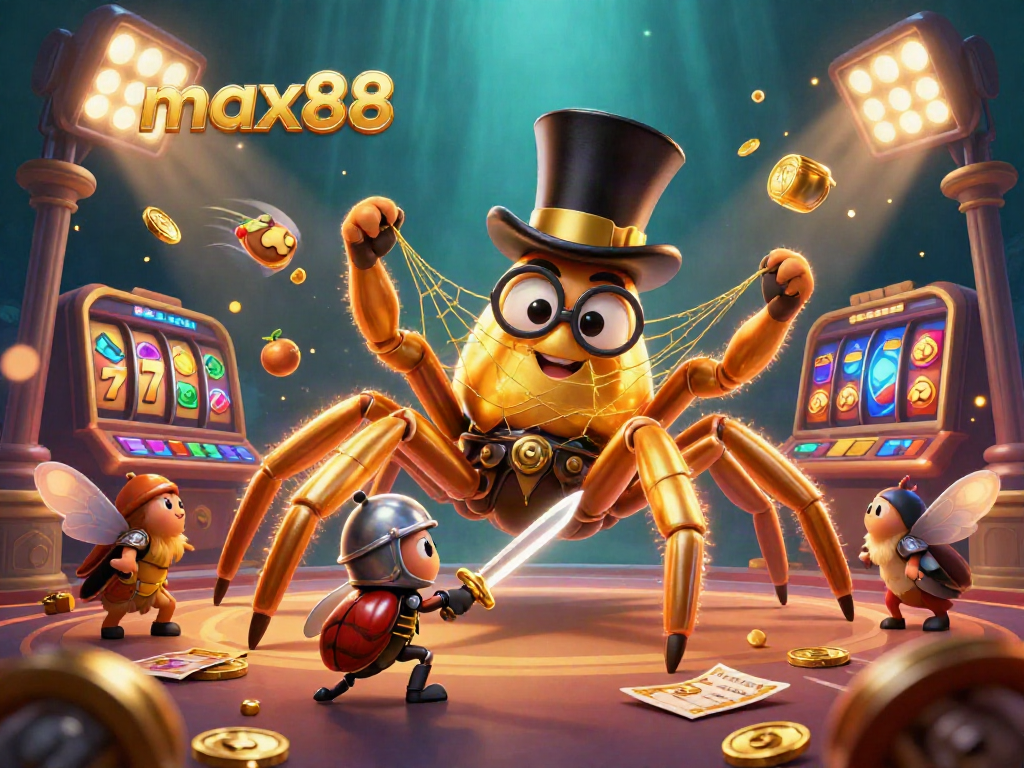 The max88 casino features a golden tarantula and beetle knight amid vibrant gaming elements.