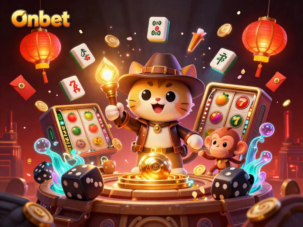 Onbet features a cartoon cat and monkey in a thrilling casino adventure with vibrant gaming elements.