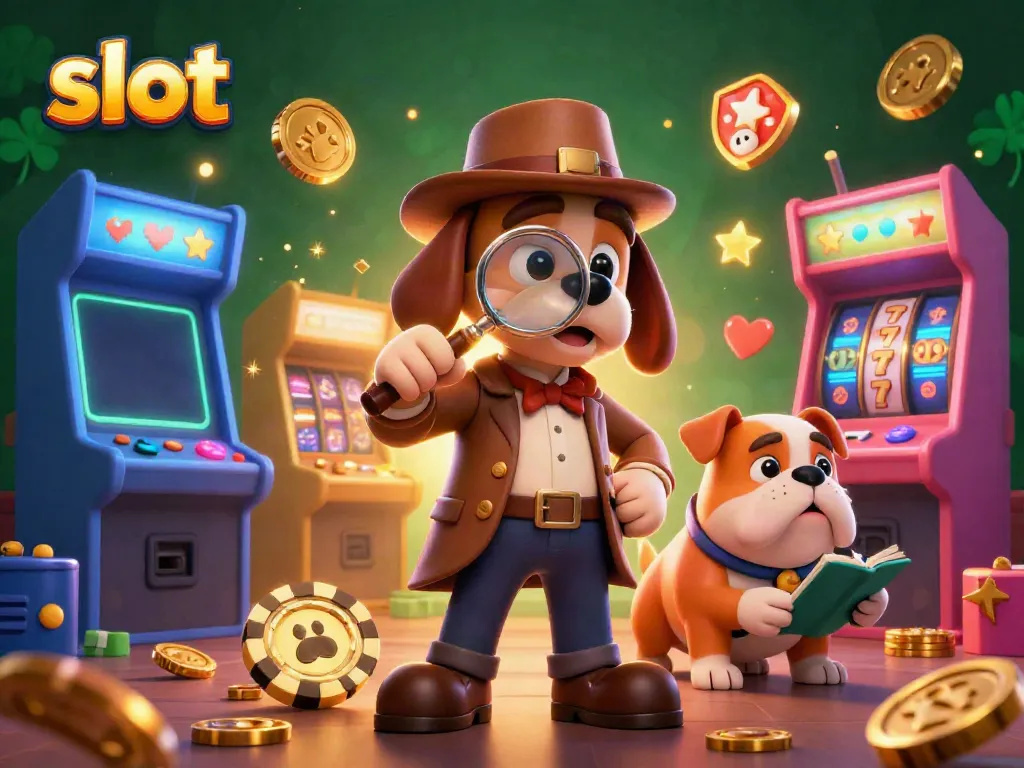 slot game theme featuring a detective and a bulldog, surrounded by colorful arcade elements