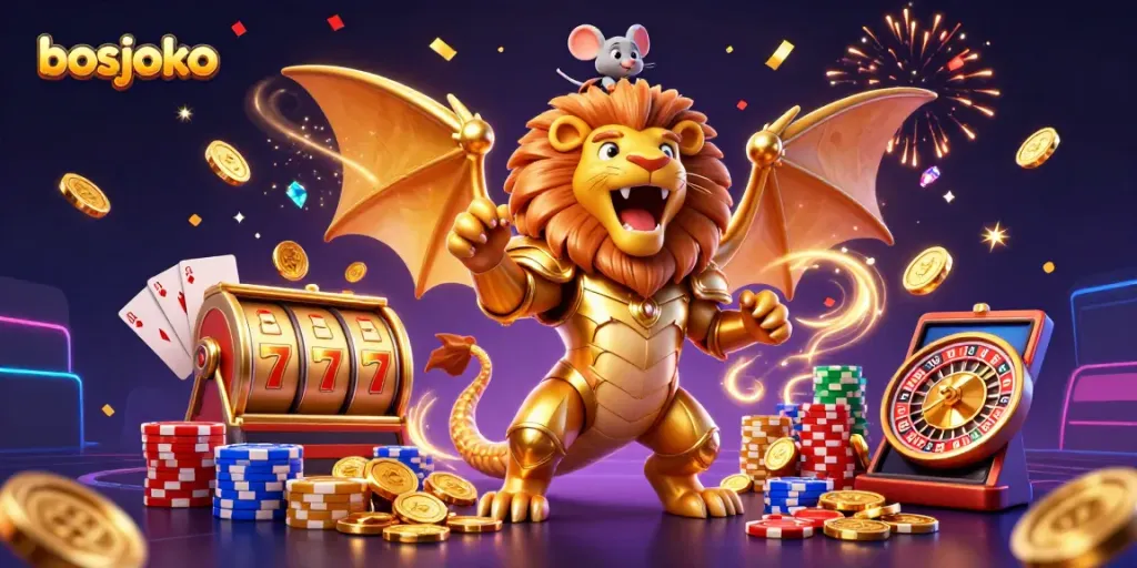 Engage with bosjoko's thrilling slot experience illustrated in a dynamic 3D scene.