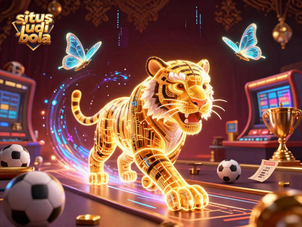 Engage in sports betting at situs judi bola with dynamic 3D illustration of a neon tiger amidst thrilling game elements.
