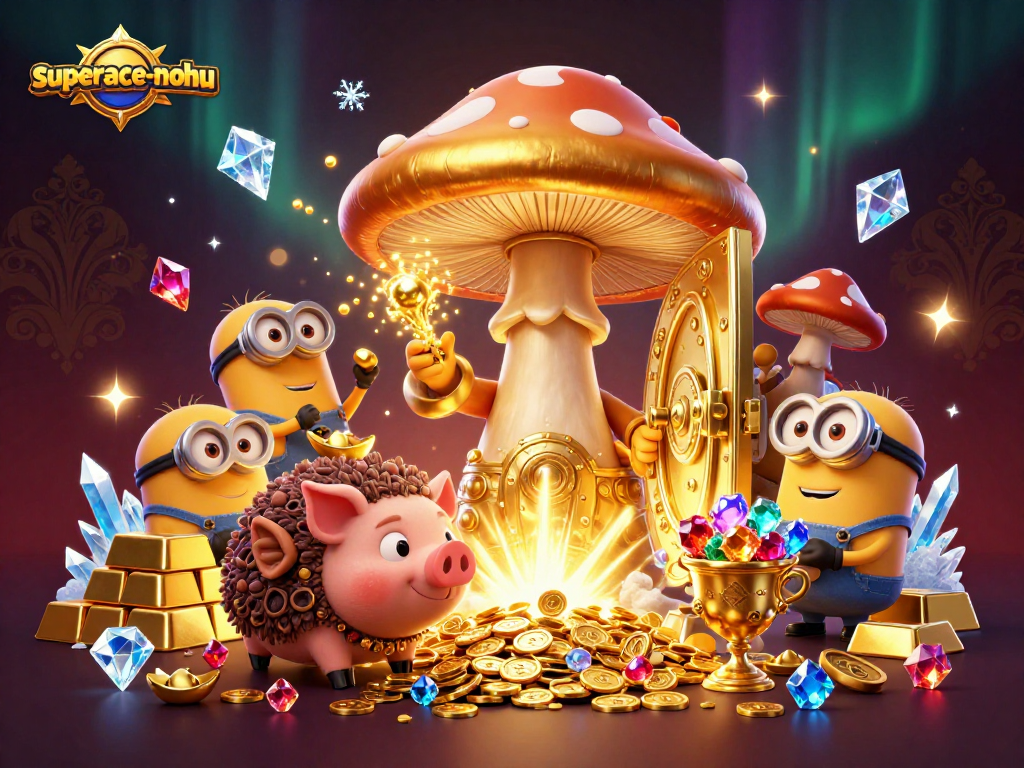 Experience the magic of superace-nohu in a stunning gold-filled treasure scene with mystical characters.