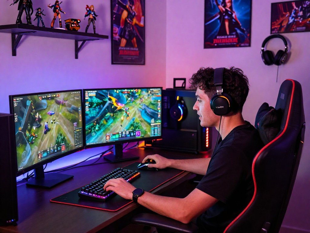 Gamer serius dengan setup gaming bos88, sedang fokus pada layar ganda yang menampilkan game multiplayer di ruang dengan pencahayaan LED.