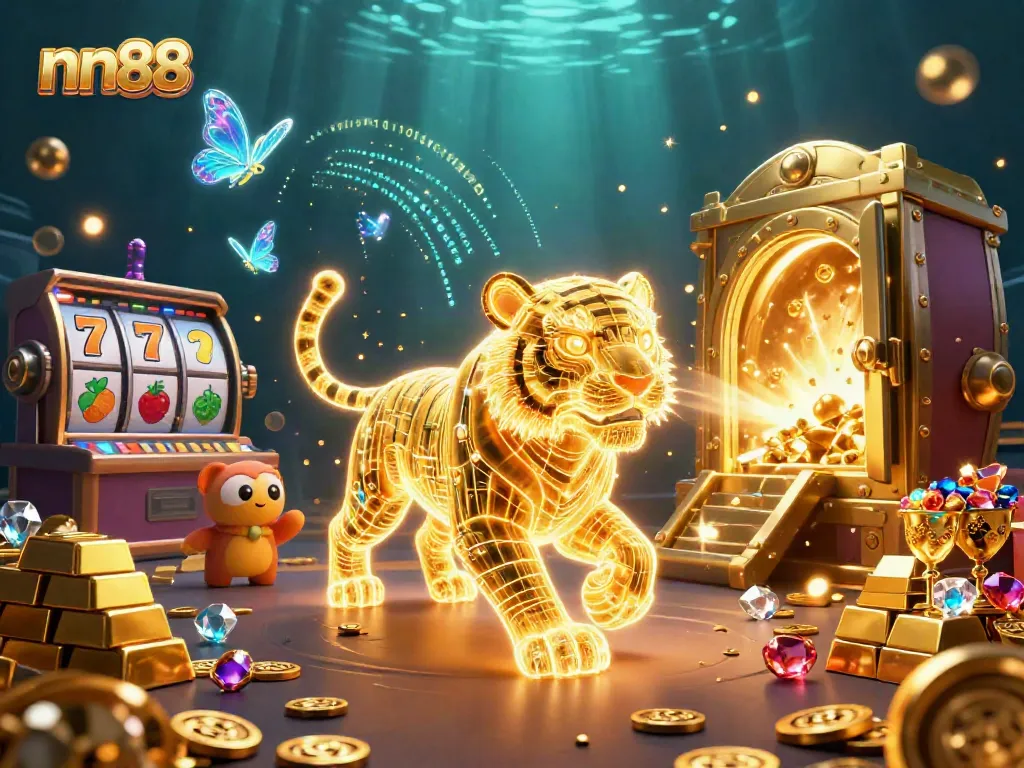 Engage with nn88's vibrant casino scene featuring a neon tiger and jackpots.