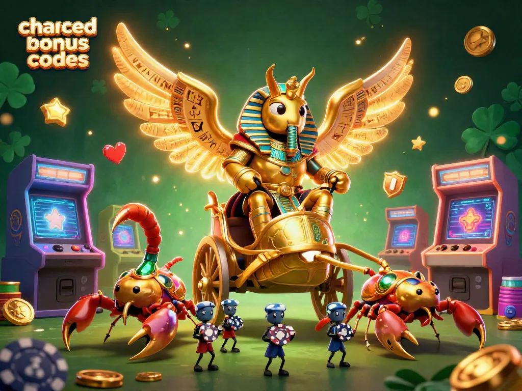 Visualize chanced casino bonus codes with scene featuring golden scarab and gambling elements in action.
