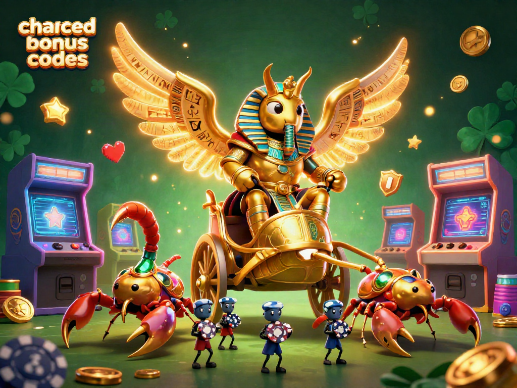 Visualize chanced casino bonus codes with scene featuring golden scarab and gambling elements in action.